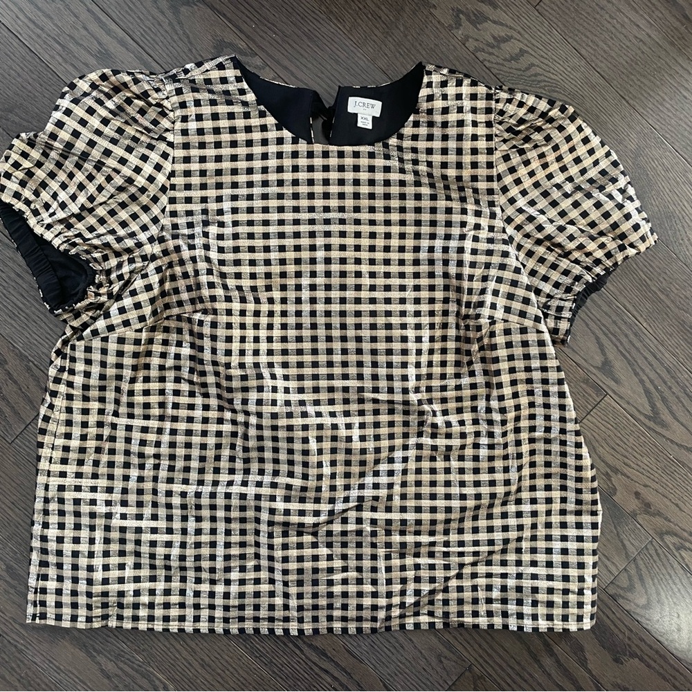 J. Crew Women's Black and Cream Gingham Blouse —XXL